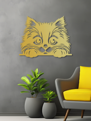 Sevimli Minik Kedi Temalı Metal Duvar Dekoru, Minimal Duvar Tablosu, Ev ve Ofis Hediyelik Dekor - Altın