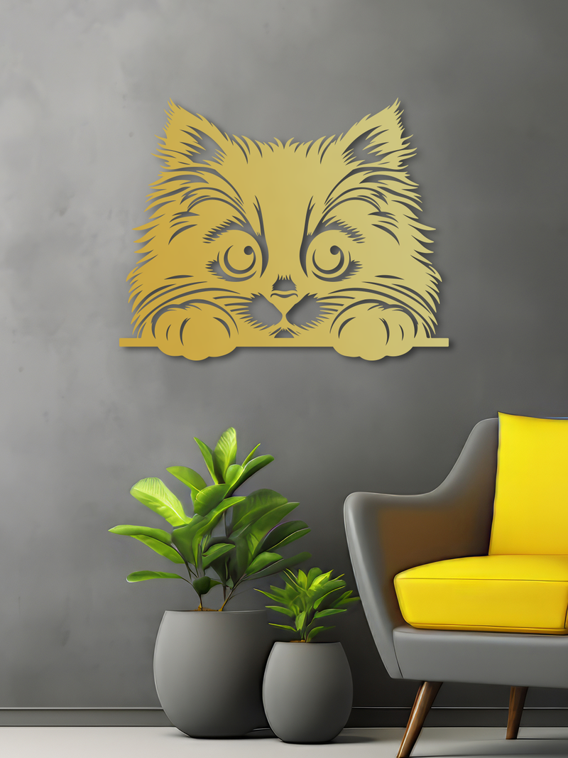 Sevimli Minik Kedi Temalı Metal Duvar Dekoru, Minimal Duvar Tablosu, Ev ve Ofis Hediyelik Dekor - Altın