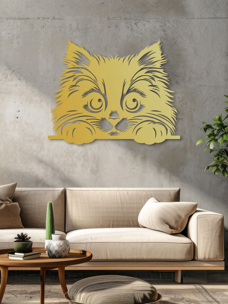 Sevimli Minik Kedi Temalı Metal Duvar Dekoru, Minimal Duvar Tablosu, Ev ve Ofis Hediyelik Dekor - Altın