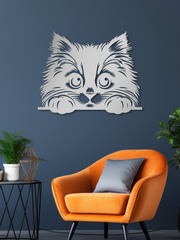 Sevimli Minik Kedi Temalı Metal Duvar Dekoru, Minimal Duvar Tablosu, Ev ve Ofis Hediyelik Dekor - Gümüş