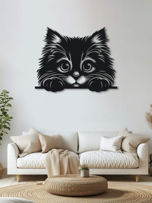 Sevimli Minik Kedi Temalı Metal Duvar Dekoru, Minimal Duvar Tablosu, Ev ve Ofis Hediyelik Dekor - Siyah