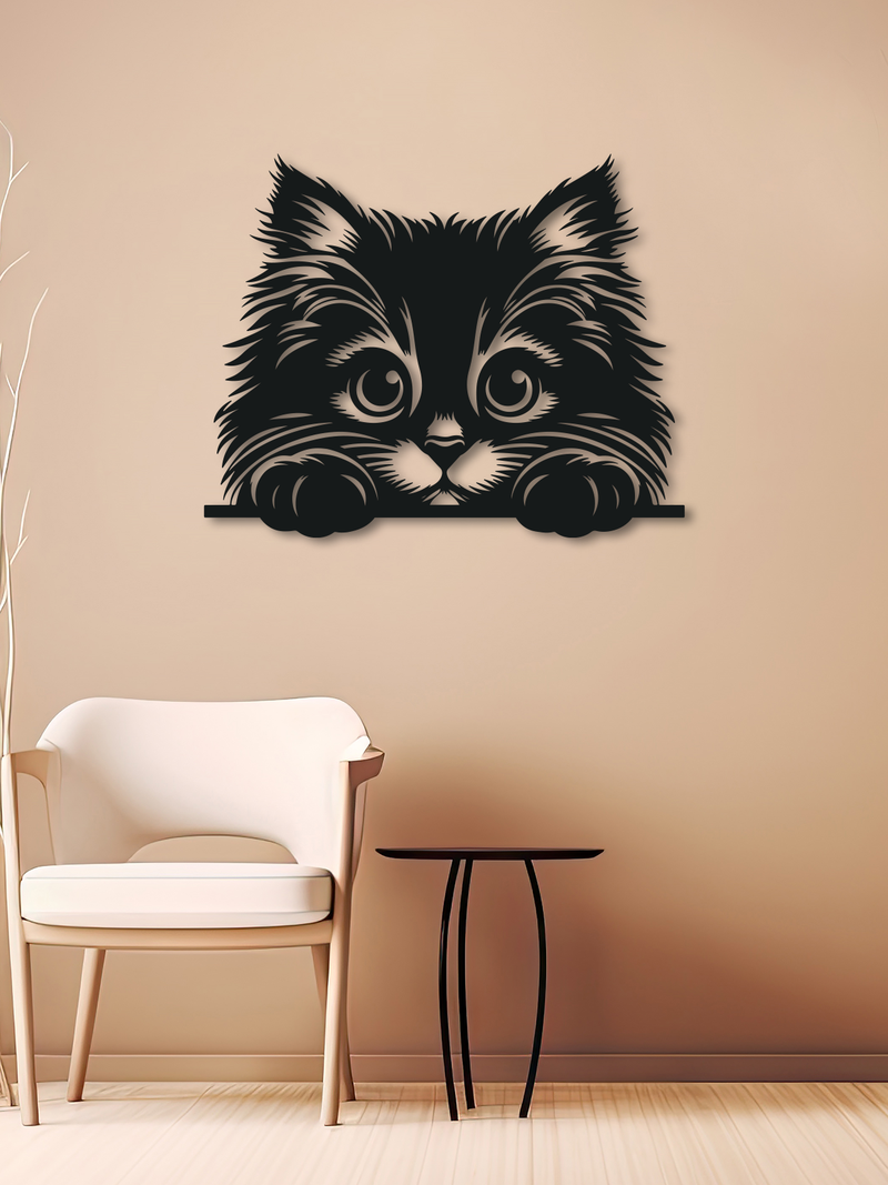 Sevimli Minik Kedi Temalı Metal Duvar Dekoru, Minimal Duvar Tablosu, Ev ve Ofis Hediyelik Dekor - Siyah