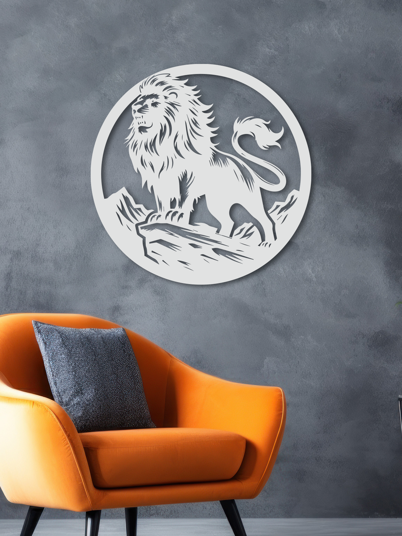 Aslan Temalı Metal Duvar Dekoru, Minimal Tasarım Duvar Tablosu, Ev ve Ofis için Hediyelik Dekor - Beyaz