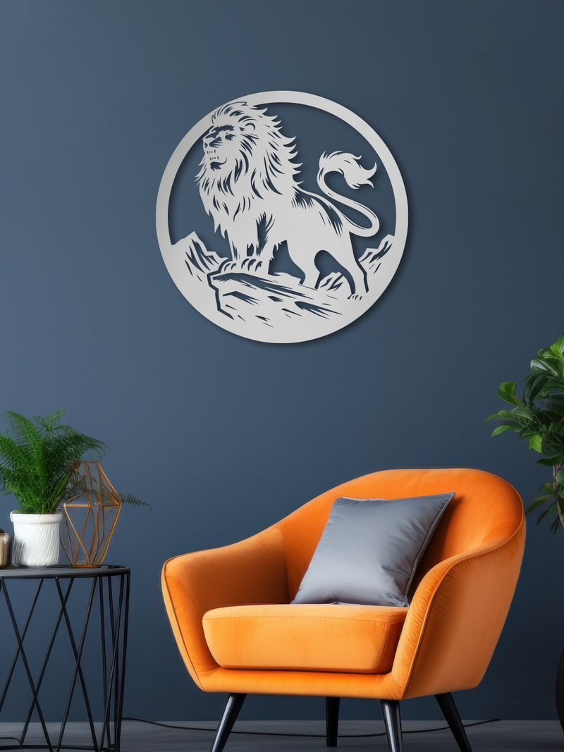 Aslan Temalı Metal Duvar Dekoru, Minimal Tasarım Duvar Tablosu, Ev ve Ofis için Hediyelik Dekor - Gümüş