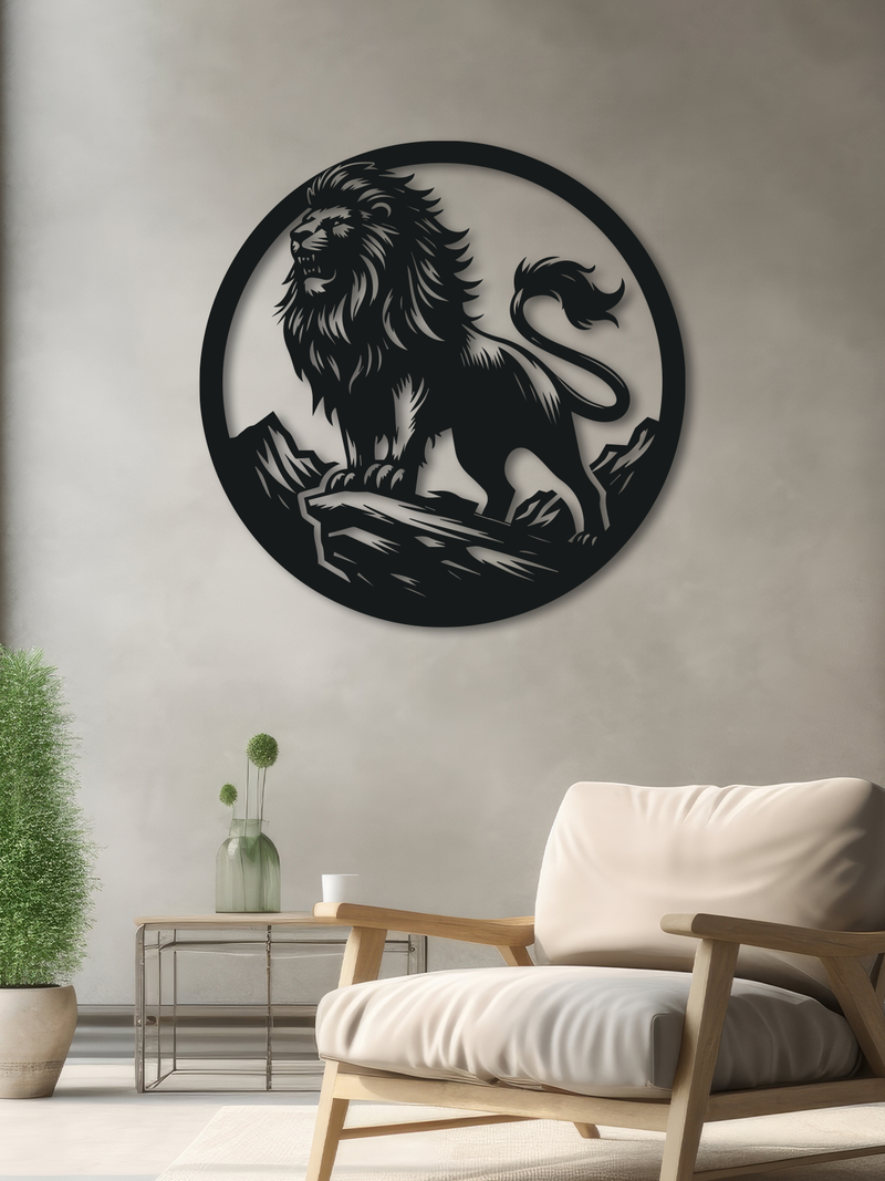 Aslan Temalı Metal Duvar Dekoru, Minimal Tasarım Duvar Tablosu, Ev ve Ofis için Hediyelik Dekor - Siyah