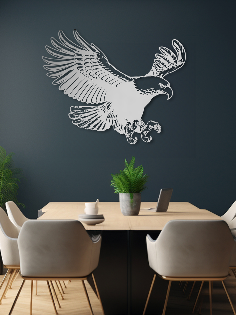 Kartal Temalı Metal Duvar Dekoru (01), Minimal Tasarım Duvar Tablosu, Ev ve Ofis Hediyelik Dekor - Gümüş