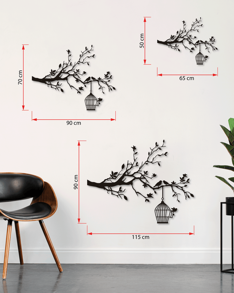 Ağaç Dalı ve Kafes Temalı Metal Duvar Dekoru, Minimal Duvar Tablosu, Ev ve Ofis için Hediyelik Dekor