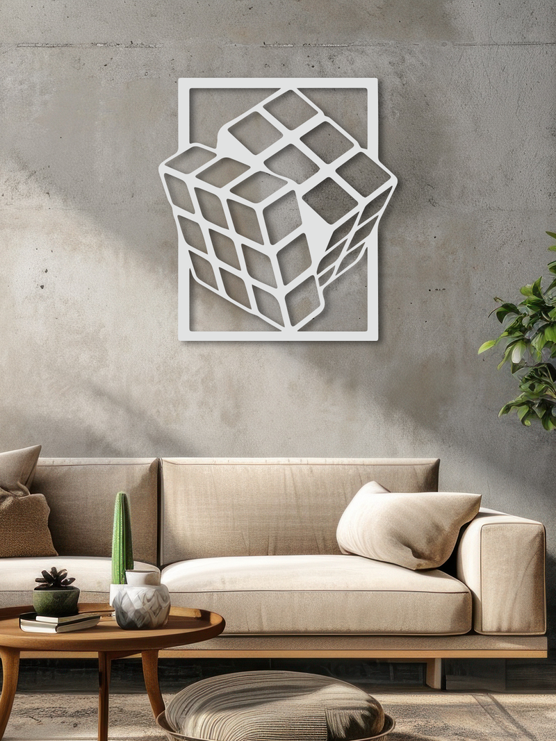 Rubik Küp Temalı Metal Duvar Dekoru, Minimal Tasarım Duvar Tablosu, Ev ve Ofis için Hediyelik Dekor - Beyaz