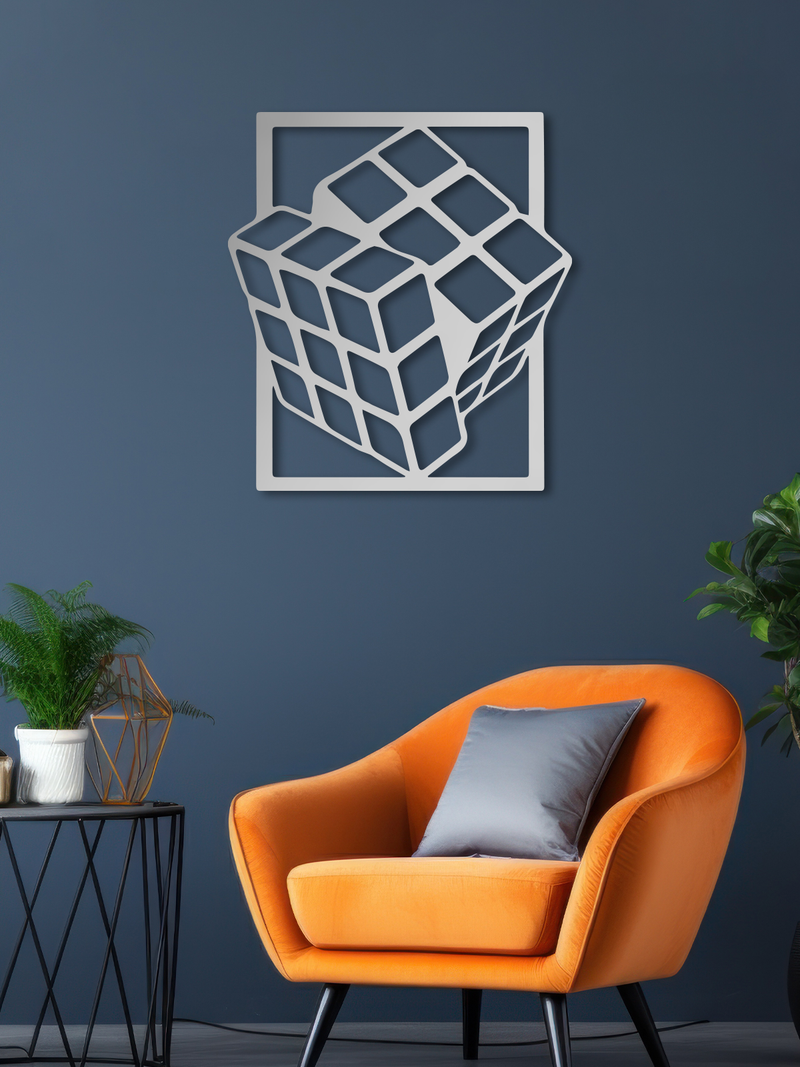Rubik Küp Temalı Metal Duvar Dekoru, Minimal Tasarım Duvar Tablosu, Ev ve Ofis için Hediyelik Dekor - Gümüş