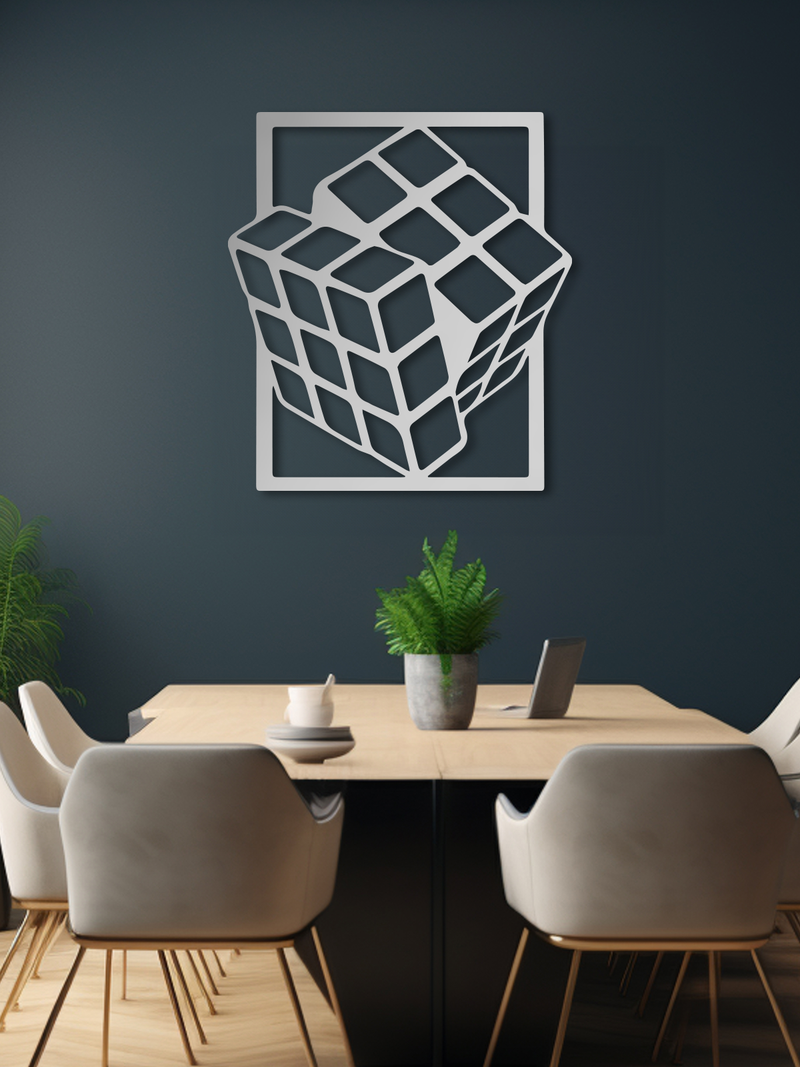 Rubik Küp Temalı Metal Duvar Dekoru, Minimal Tasarım Duvar Tablosu, Ev ve Ofis için Hediyelik Dekor - Gümüş