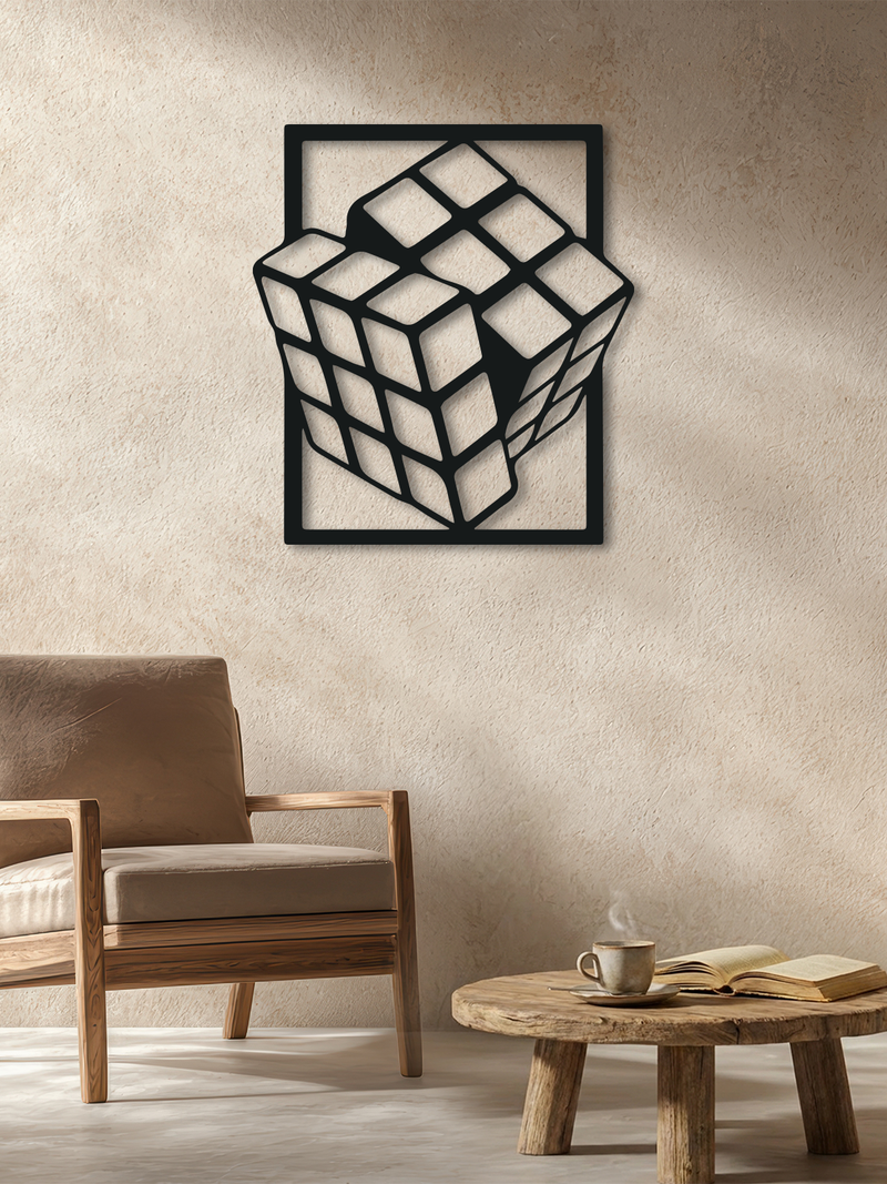 Rubik Küp Temalı Metal Duvar Dekoru, Minimal Tasarım Duvar Tablosu, Ev ve Ofis için Hediyelik Dekor - Siyah