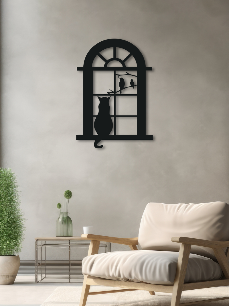 Penceredeki Kedi ve Kuşlar Temalı Metal Duvar Dekoru, MinimalTablo, Ev ve Ofis Hediyelik Dekor - Siyah