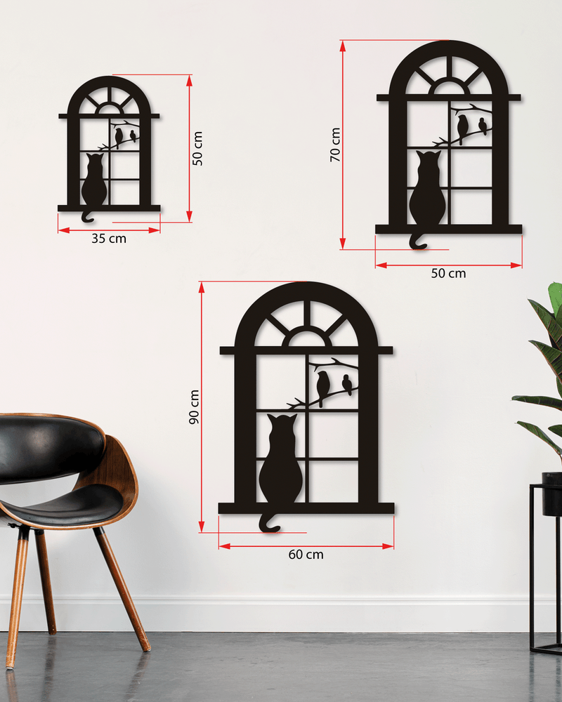 Penceredeki Kedi ve Kuşlar Temalı Metal Duvar Dekoru, MinimalTablo, Ev ve Ofis Hediyelik Dekor