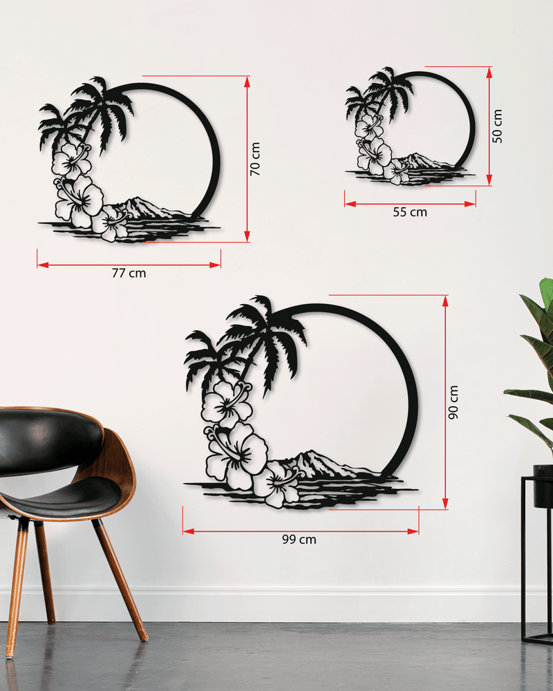 Çiçek Palmiye ve Manzara Temalı Metal Duvar Dekoru, Minimal Duvar Tablosu, Ev ve Ofis Hediye Dekor