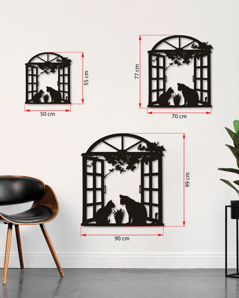 Penceredeki Kediler ve Çiçek Temalı Metal Duvar Dekoru, Minimal Duvar Tablosu, Ev Ofis Hediye Dekor