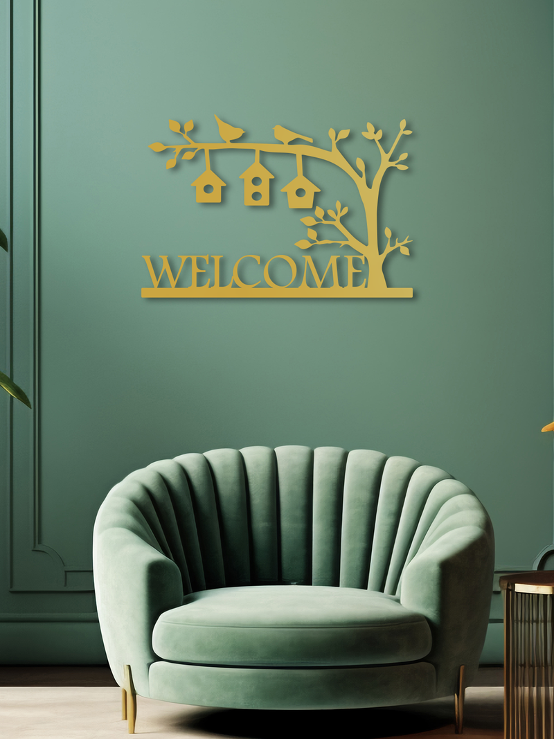 Welcome Yazılı Kapı Süsü Metal Duvar Dekoru, Minimal Duvar Tablosu, Ev ve Ofis için Hediyelik Dekor - Altın