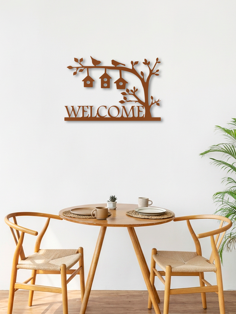 Welcome Yazılı Kapı Süsü Metal Duvar Dekoru, Minimal Duvar Tablosu, Ev ve Ofis için Hediyelik Dekor - Bakır