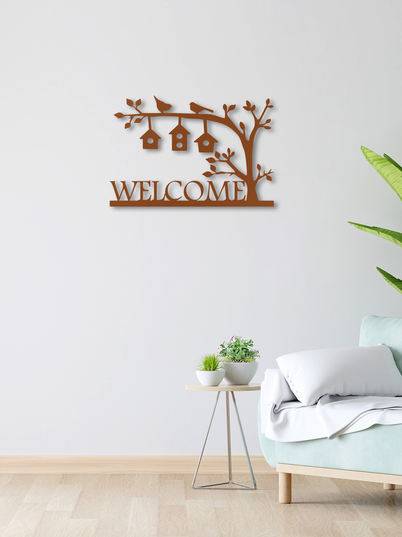 Welcome Yazılı Kapı Süsü Metal Duvar Dekoru, Minimal Duvar Tablosu, Ev ve Ofis için Hediyelik Dekor - Bakır
