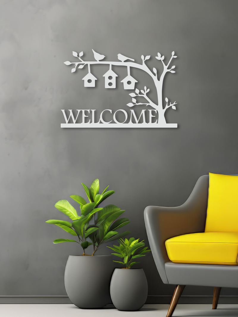 Welcome Yazılı Kapı Süsü Metal Duvar Dekoru, Minimal Duvar Tablosu, Ev ve Ofis için Hediyelik Dekor - Beyaz