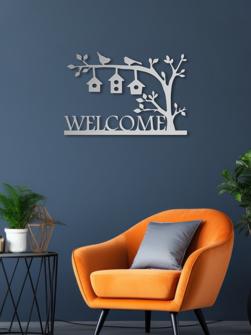Welcome Yazılı Kapı Süsü Metal Duvar Dekoru, Minimal Duvar Tablosu, Ev ve Ofis için Hediyelik Dekor - Gümüş