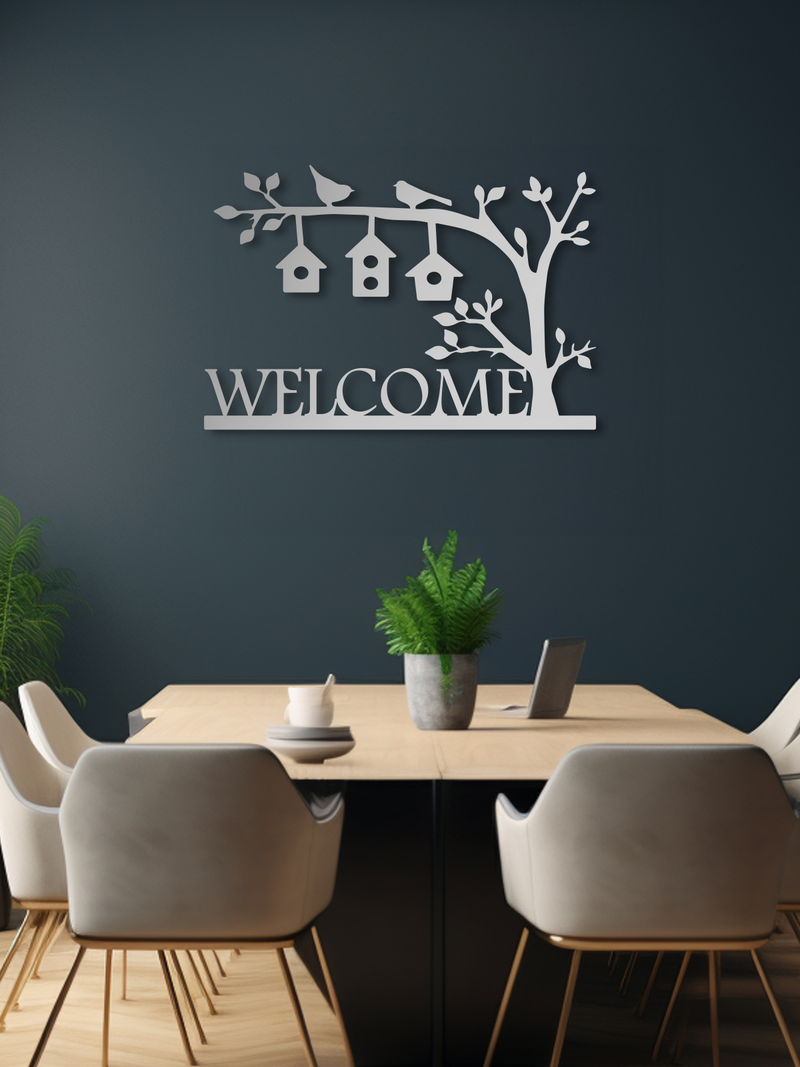 Welcome Yazılı Kapı Süsü Metal Duvar Dekoru, Minimal Duvar Tablosu, Ev ve Ofis için Hediyelik Dekor - Gümüş