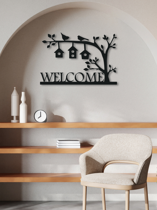 Welcome Yazılı Kapı Süsü Metal Duvar Dekoru, Minimal Duvar Tablosu, Ev ve Ofis için Hediyelik Dekor - Siyah