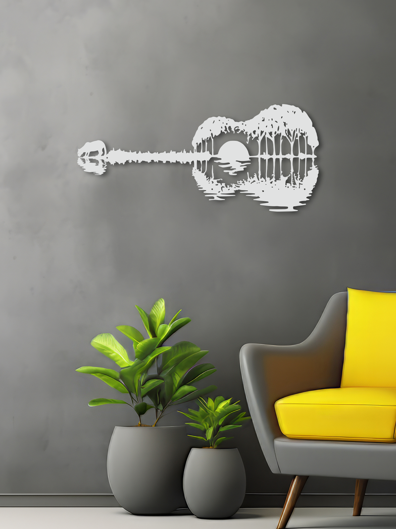 Gitar Görünümlü Manzara Temalı Metal Duvar Dekoru, Minimal Duvar Tablosu, Ev ve Ofis Hediyelik Dekor - Beyaz