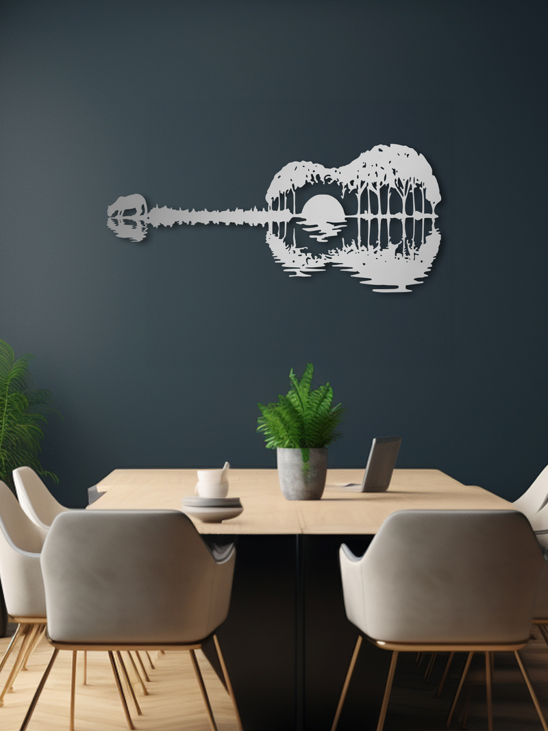 Gitar Görünümlü Manzara Temalı Metal Duvar Dekoru, Minimal Duvar Tablosu, Ev ve Ofis Hediyelik Dekor - Gümüş