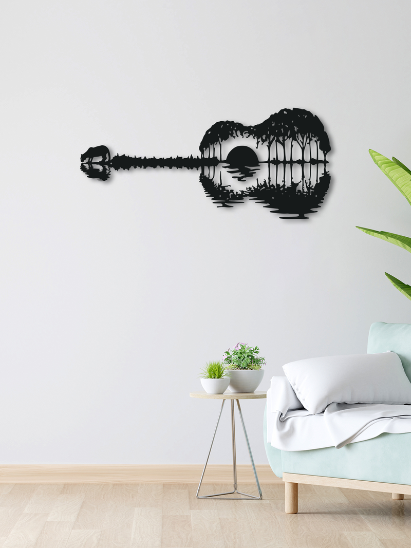 Gitar Görünümlü Manzara Temalı Metal Duvar Dekoru, Minimal Duvar Tablosu, Ev ve Ofis Hediyelik Dekor - Siyah