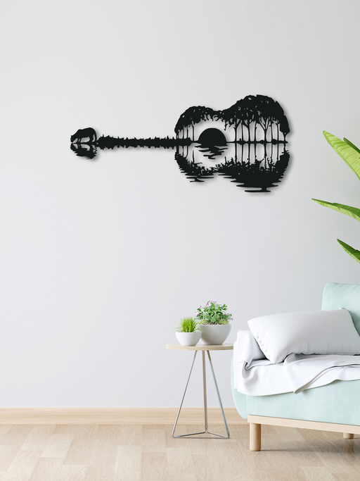 Gitar Görünümlü Manzara Temalı Metal Duvar Dekoru, Minimal Duvar Tablosu, Ev ve Ofis Hediyelik Dekor - Siyah
