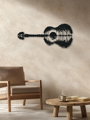 Gitar Görünümlü Manzara Temalı Metal Duvar Dekoru, Minimal Duvar Tablosu, Ev ve Ofis Hediyelik Dekor - Siyah