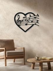 Kalpli Müzik Notaları Temalı Metal Duvar Dekoru, Minimal Duvar Tablosu, Ev ve Ofis Hediyelik Dekor - Siyah
