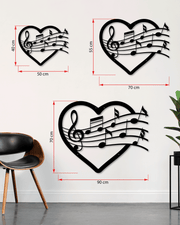 Kalpli Müzik Notaları Temalı Metal Duvar Dekoru, Minimal Duvar Tablosu, Ev ve Ofis Hediyelik Dekor