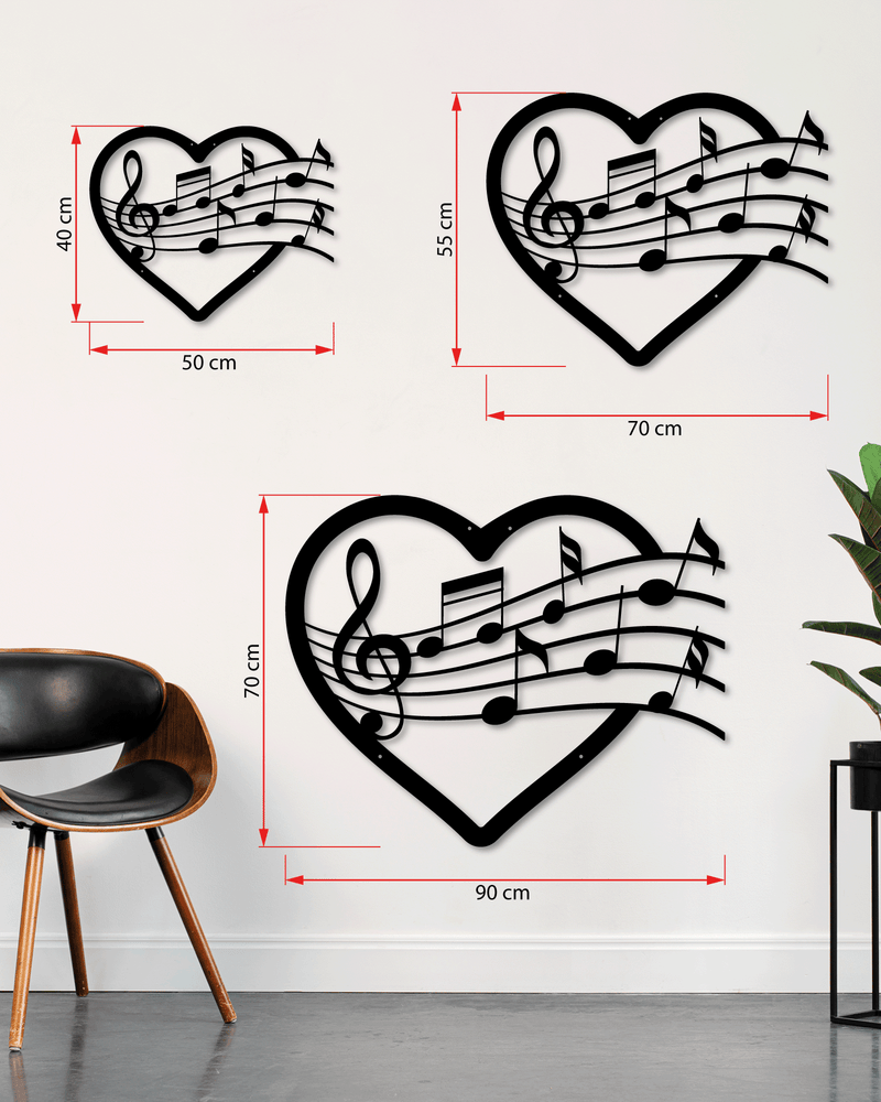 Kalpli Müzik Notaları Temalı Metal Duvar Dekoru, Minimal Duvar Tablosu, Ev ve Ofis Hediyelik Dekor