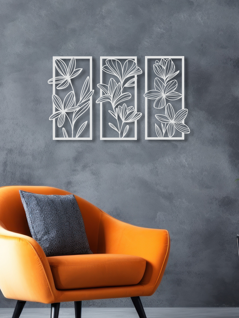 Çiçek Seti Temalı Metal Duvar Dekoru 3'lü Set, Minimal Duvar Tablosu, Ev Ofis için Hediyelik Dekor - Beyaz