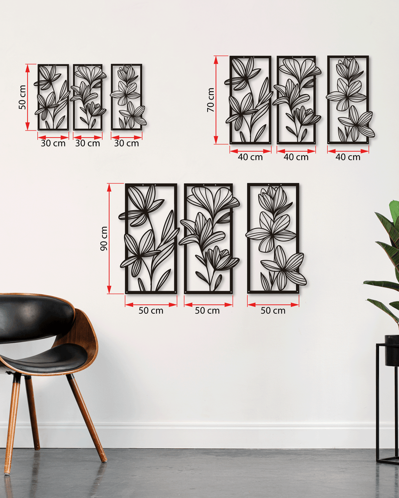 Çiçek Seti Temalı Metal Duvar Dekoru 3'lü Set, Minimal Duvar Tablosu, Ev Ofis için Hediyelik Dekor