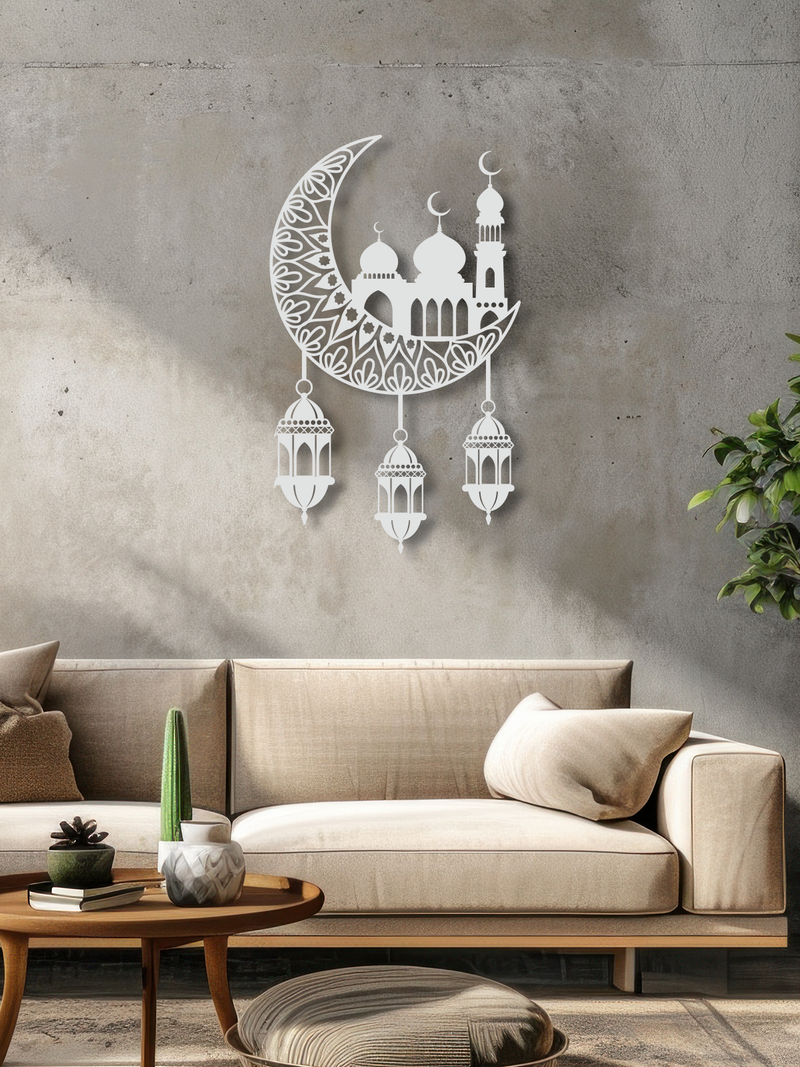 Hilal İçinde Camii Temalı Metal Duvar Dekoru, Minimal Duvar Tablosu, Ev ve Ofis için Hediyelik Dekor - Beyaz