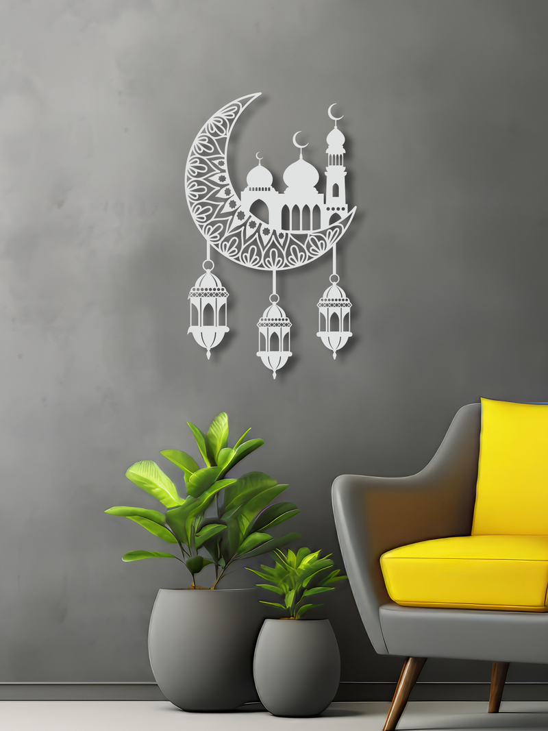 Hilal İçinde Camii Temalı Metal Duvar Dekoru, Minimal Duvar Tablosu, Ev ve Ofis için Hediyelik Dekor - Beyaz