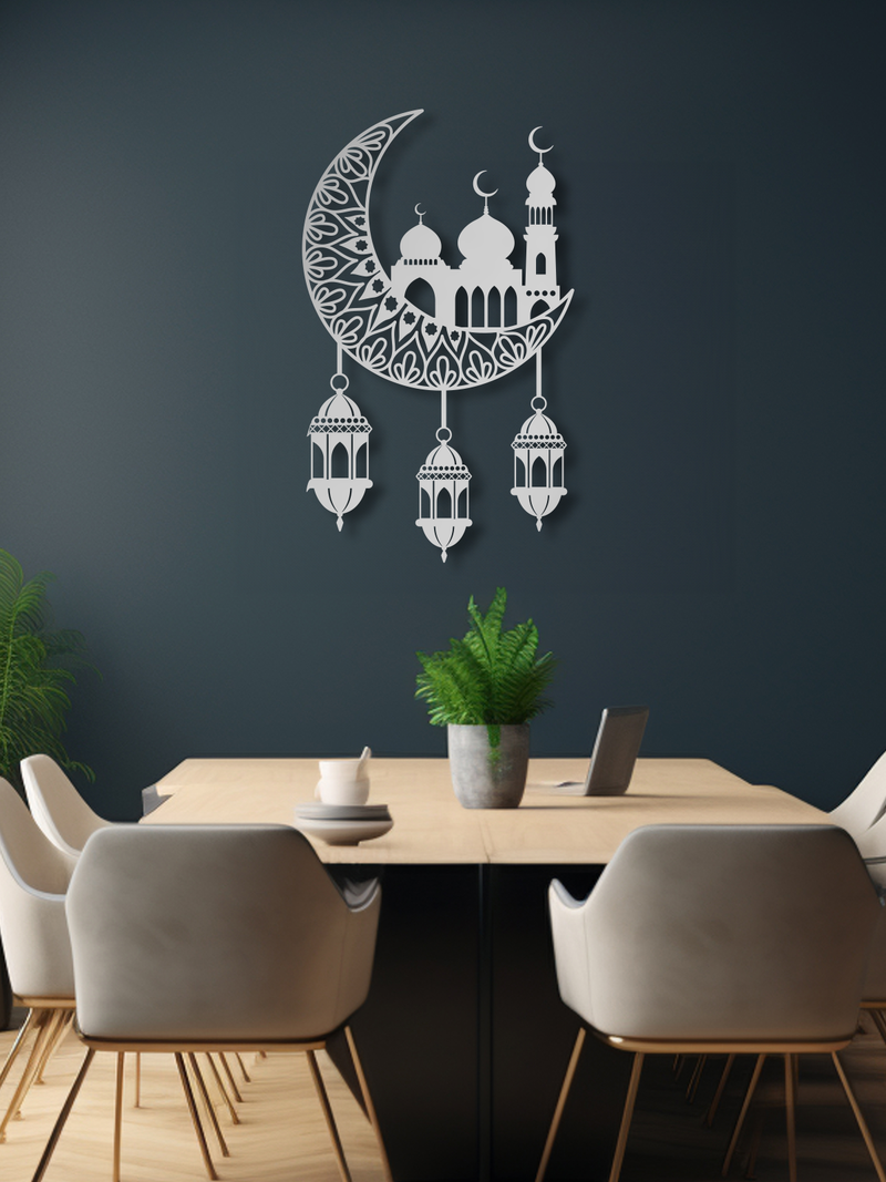 Hilal İçinde Camii Temalı Metal Duvar Dekoru, Minimal Duvar Tablosu, Ev ve Ofis için Hediyelik Dekor - Gümüş
