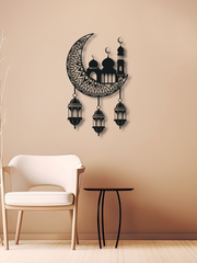 Hilal İçinde Camii Temalı Metal Duvar Dekoru, Minimal Duvar Tablosu, Ev ve Ofis için Hediyelik Dekor - Siyah