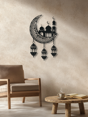 Hilal İçinde Camii Temalı Metal Duvar Dekoru, Minimal Duvar Tablosu, Ev ve Ofis için Hediyelik Dekor - Siyah