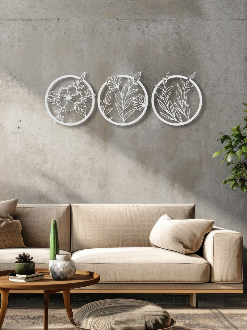 Çiçek Temalı Metal Duvar Dekoru 3'lü Set, Minimal Duvar Tablosu, Ev ve Ofis için Hediyelik Dekor - Beyaz