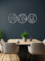 Çiçek Temalı Metal Duvar Dekoru 3'lü Set, Minimal Duvar Tablosu, Ev ve Ofis için Hediyelik Dekor - Gümüş