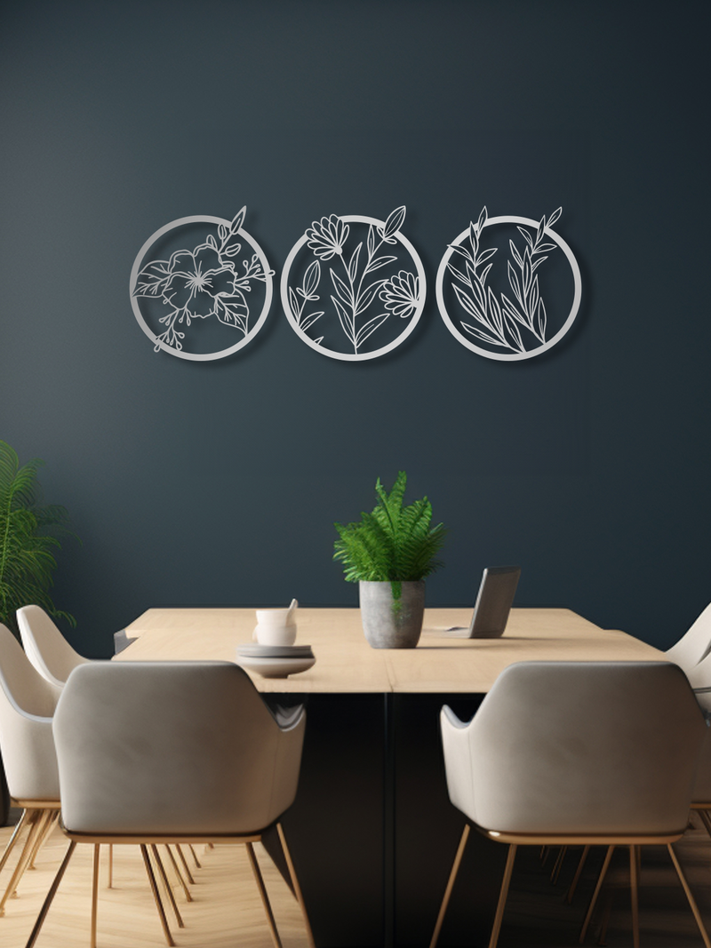 Çiçek Temalı Metal Duvar Dekoru 3'lü Set, Minimal Duvar Tablosu, Ev ve Ofis için Hediyelik Dekor - Gümüş