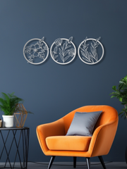 Çiçek Temalı Metal Duvar Dekoru 3'lü Set, Minimal Duvar Tablosu, Ev ve Ofis için Hediyelik Dekor - Gümüş