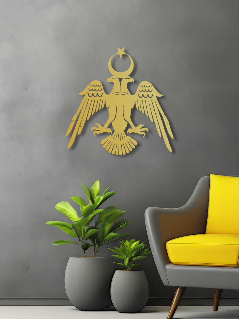 Selçuklu Kartalı Temalı Metal Duvar Dekoru, Minimal Tasarım Duvar Tablosu, Ev Ofis Hediyelik Dekor - Altın