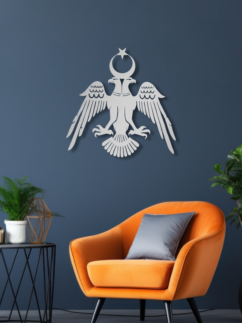 Selçuklu Kartalı Temalı Metal Duvar Dekoru, Minimal Tasarım Duvar Tablosu, Ev Ofis Hediyelik Dekor - Gümüş