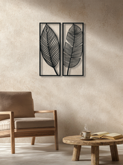 Yaprak Temalı Metal Duvar Dekoru 2'li Set, Minimal Tasarım Duvar Tablosu, Ev ve Ofis Hediyelik Dekor - Siyah