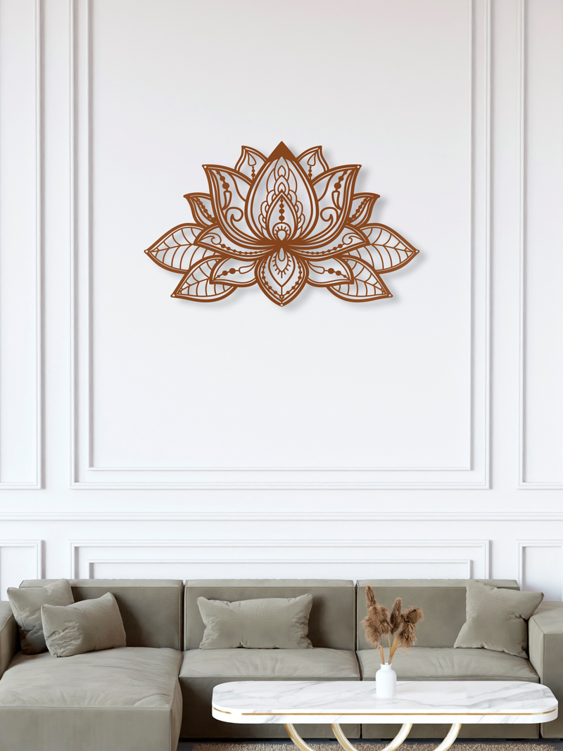 Mandala Lotus Çiçeği Temalı Metal Duvar Dekoru, Minimal Duvar Tablosu, Ev Ofis için Hediyelik Dekor - Bakır