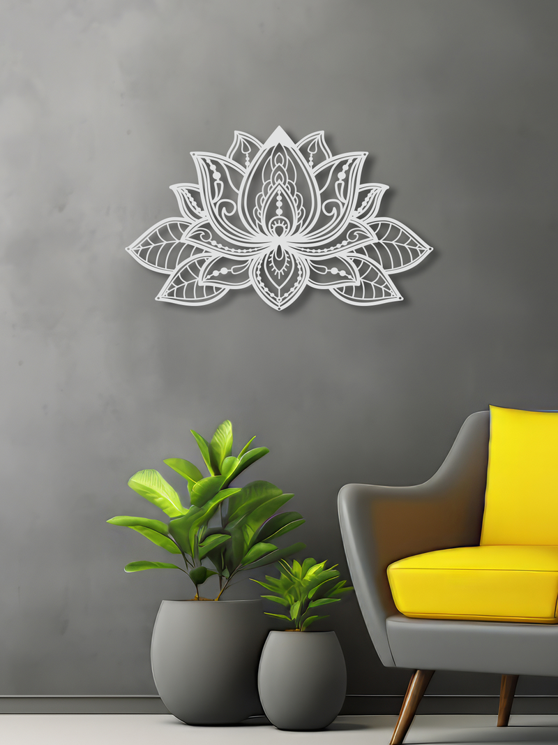 Mandala Lotus Çiçeği Temalı Metal Duvar Dekoru, Minimal Duvar Tablosu, Ev Ofis için Hediyelik Dekor - Beyaz